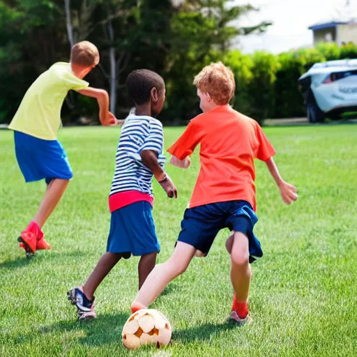Prompt: boys playing soccer, hot day, parents watching