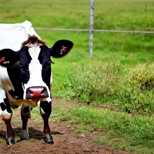 Image similar to cow running from a cage to a countryside