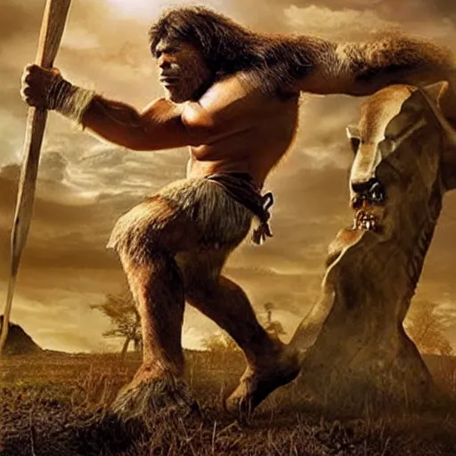 Image similar to prehistoric neanderthal superhero with a club made out of mammoth bone, epic, epical, absolutely epic, simply too epic