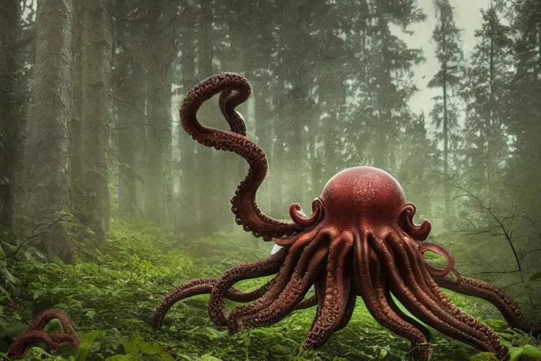 Prompt: alien octopus monster in a swedish forest, very low angle photograph, very detailed, trending on artstation, realistic, soft colors, simon stålenhag