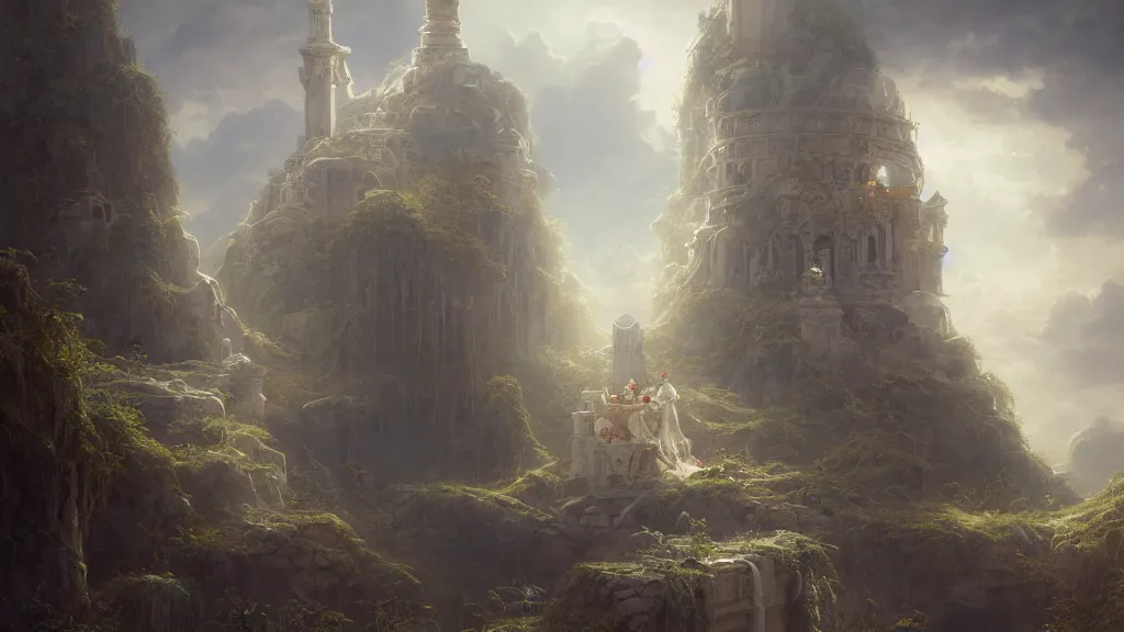 Image similar to the all - beneficent settled on the throne, rossdraws art, tom bagshaw art, ferdinand knab art, heaven lighting, highly detailed, 8 k, octane render