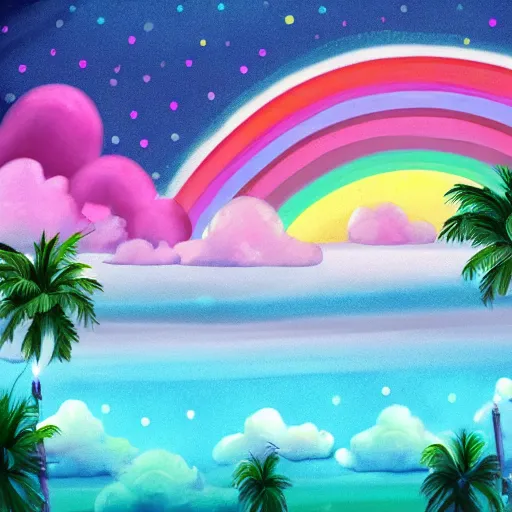 Prompt: rainbow cotton candy clouds at night in the moonlight over an aqua lagoon surrounded by crystal palm trees, trending on deviant art, art station.
