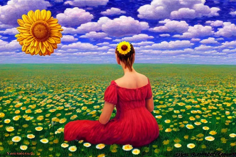 Image similar to giant daisy flower head, woman sitting, surreal, clouds in sky, impressionist painting, digital painting, artstation, rob gonsalves