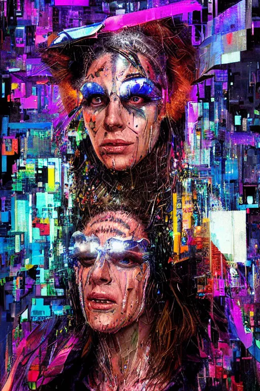 Image similar to portrait, headshot, digital painting, an delightfully crazy, wholesome techno - shaman lady in circuit electronic mask, synthwave, glitch, crystal rain, fracture, realistic, hyperdetailed, chiaroscuro, concept art, art by john berkey