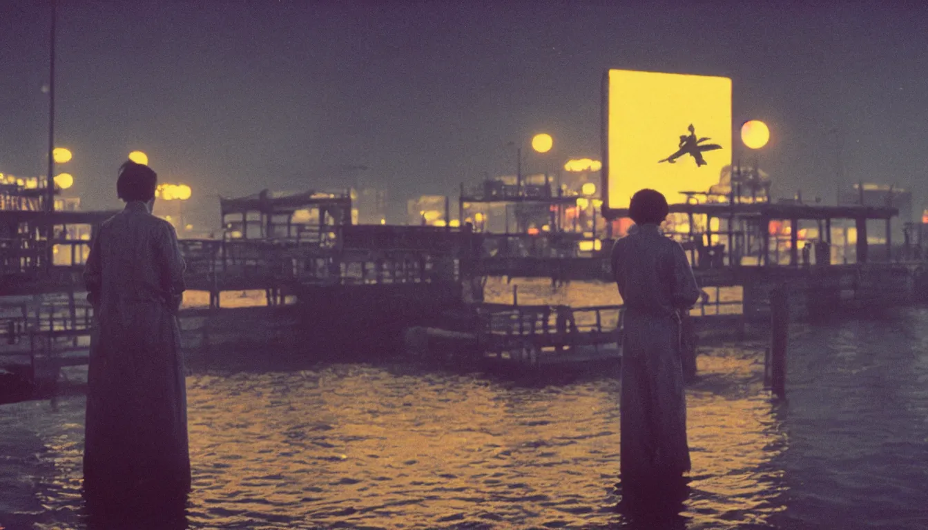 Image similar to 80s asian neon movie still with a portrait of a ghost standing on a pier by the river on early morning with bright city lights behind his back, many birds in the sky, medium format color photography, movie directed by Kar-Wai Wong, hyperrealistic, photorealistic, high definition, highly detailed, tehnicolor, anamorphic 50mm lens