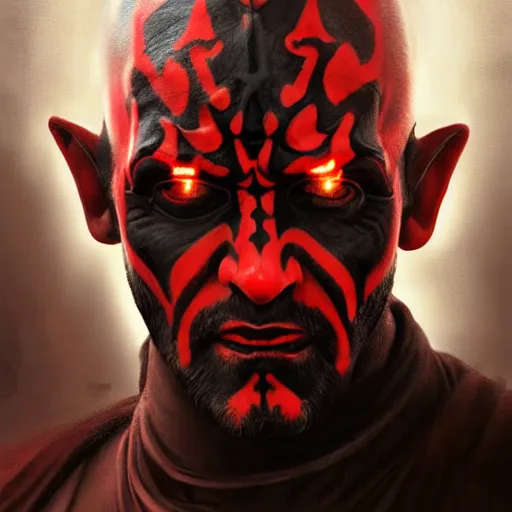 Prompt: darth maul, realistic, portrait, intricate, detailed, volumetric lighting, scenery, digital painting, highly detailed, artstation, sharp focus, illustration, concept art, ruan jia, steve mccurry