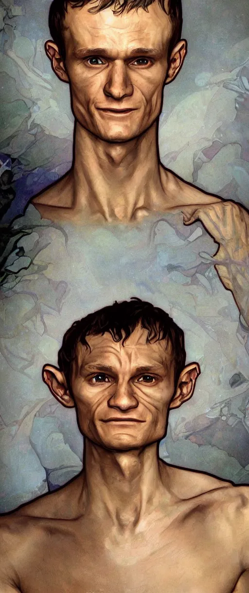 Image similar to vitalik buterin looks like gollum, art by artgerm and greg rutkowski and alphonse mucha