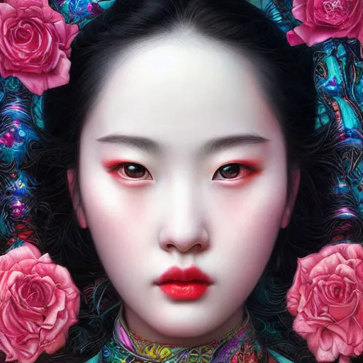 Image similar to portrait of liu yifei, hyper detailed masterpiece, neon floral pattern, jean giraud, digital art painting, darkwave goth aesthetic, psychedelic, artgerm, donato giancola and tom bagshaw