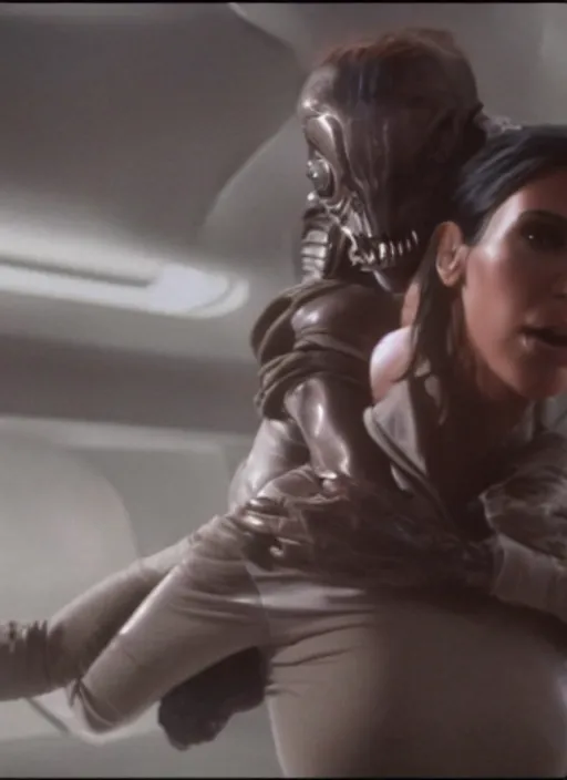 Image similar to film still of kim kardashian in the movie Alien, xenomorph holding kim in a chokehold, unconscious, cinematic shot, 4k.
