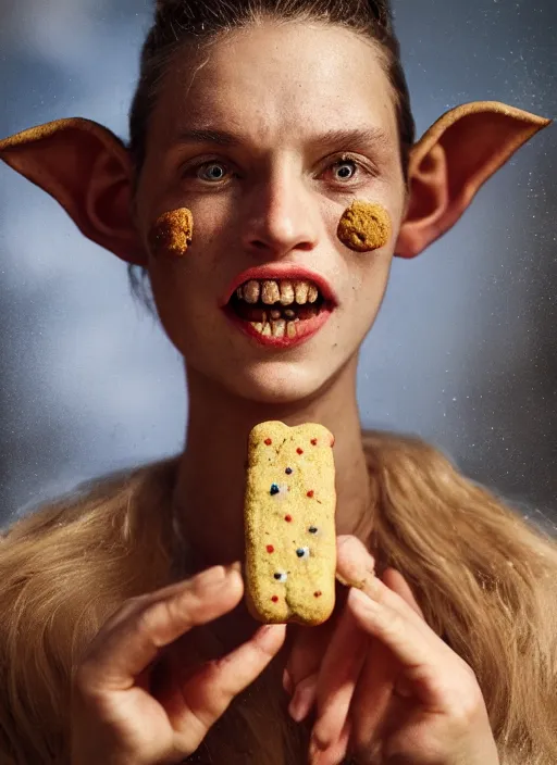 Image similar to closeup portrait of a female medieval goblin eating cookies, depth of field, zeiss lens, detailed, symmetrical, centered, fashion photoshoot, by Annie Leibovitz and Steve McCurry, David Lazar, Jimmy Nelsson, Breathtaking, 8k resolution, extremely detailed, beautiful, establishing shot, artistic, hyperrealistic, beautiful face, octane render