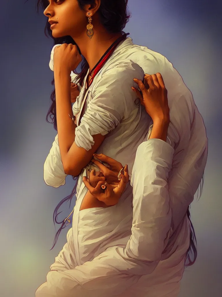 Image similar to Anxious pretty young Indian doctor wearing jeans leaving a plane, portrait, elegant, intricate, digital painting, artstation, concept art, smooth, sharp focus, illustration, art by artgerm and greg rutkowski and alphonse mucha