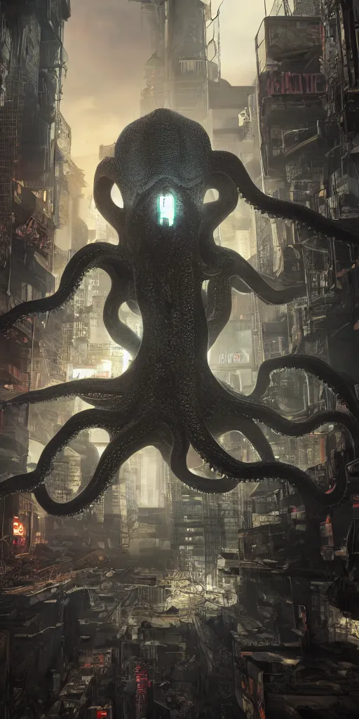 Image similar to hyperrealism, detailed textures, photorealistic 3 d cyberpunk octopus in apocalyptic city, futuristic clothing and helmet, ultra realistic, cinematic, intricate, cinematic light, unreal engine 8 k