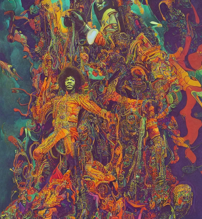 Prompt: colourful afrofuturist biomorphic opart temple, jimi hendrix full body, by pascal blanche and moebius and roger dean and giger and arthur rackham and syd mead and james jean and beksinski and greg hildebrandt, 8 k