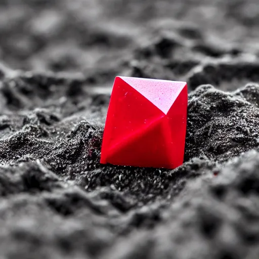 Image similar to cube shaped ruby standing on sand, macro photo, high detail, nikon d 8 1 0, ƒ / 5. 6, focal length : 6 0. 0 mm, iso : 2 0 0