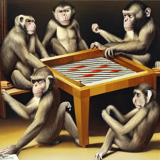 Prompt: A beautiful print of a group of monkeys playing backgammon. The monkeys are seated around a table, with some of them appearing to be deep in concentration while others appear to be playing more casually. by Simon Bisley, by Gabriel Dawe desaturated