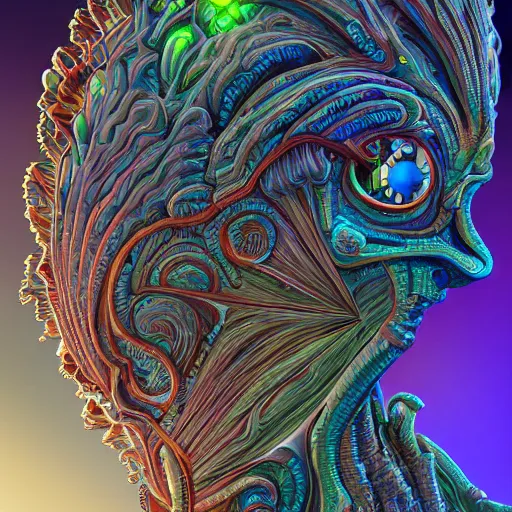 Image similar to Face of a Alien Deity, centered, corals, plume made of geometry, extremly detailed digital painting, sharp focus in the style of android jones, artwork of a futuristic artificial intelligence superstar with frames made of detailed circuits, mystical colors, rim light, beautiful lighting, 8k, stunning scene, raytracing, octane, under water visual distortion, dark tones colors, trending on artstation