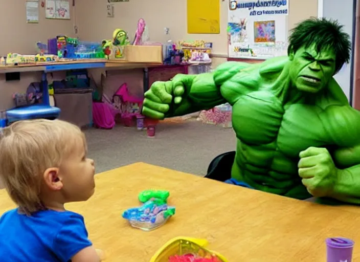 Image similar to the hulk working at a daycare