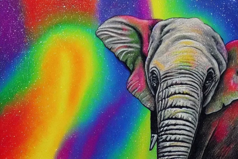 Image similar to an photorealistic picture of an elephant that farts glitter in the colors of the rainbow