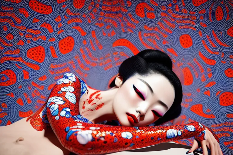 Image similar to hyperrealistic detailed image of a geisha laying in a art installation room, hd smooth interior by yayoi kusama, part by kei mieno, part by ross tran, dark art by james jean, ultra realistic, highly detailed, life like face, detailed body, 8 k, 3 d render by roger magrini, very cohesive, masterpiece