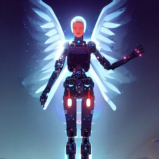 Image similar to ellen paige as a beautiful cyborg - angel girl standing on a lake, rainfall, biomechanical details, digital cyberpunk anime art, full body shot, reflections, lens flare, wlop, ilya kuvshinov, artgerm, krenz cushart, greg rutkowski