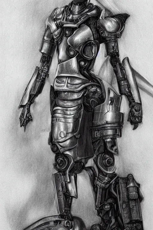 Prompt: pencil drawing, fantasy futurism, medieval female knight with cybernetic implants and modern devices