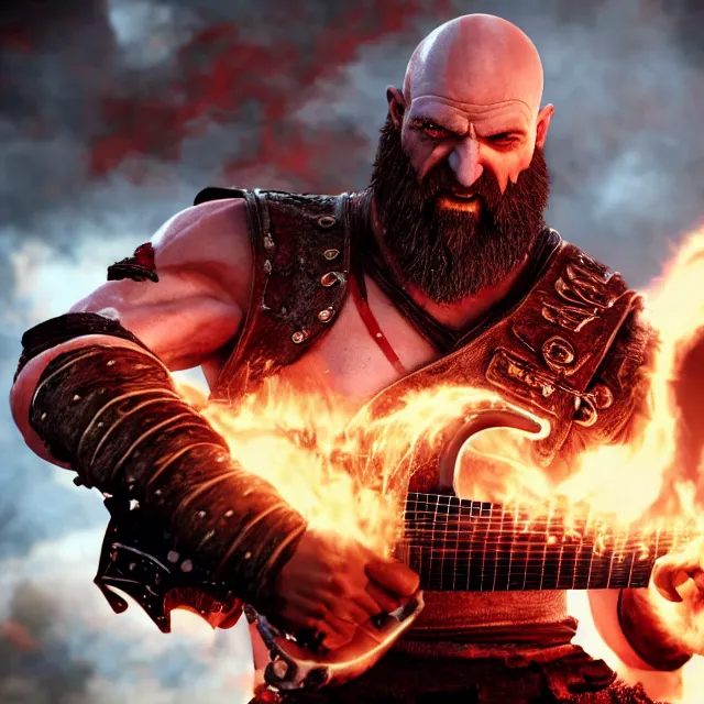 Image similar to kratos shredding on a flaming stratocaster guitar, cinematic render, god of war 2 0 1 8, santa monica studio official media, lightning, stripe over eye