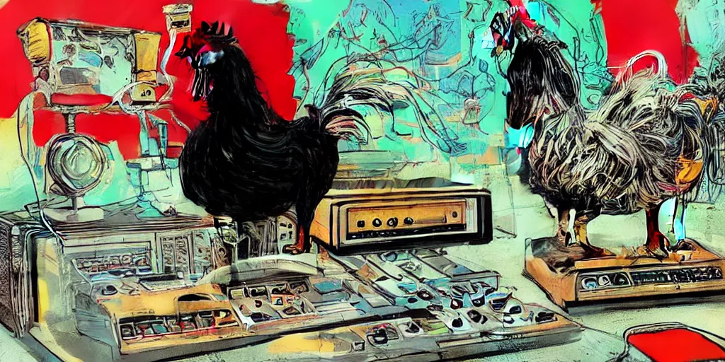 Image similar to 'black rooster'!!! smoking 'cannabis'!!!!!! in front of 'audio console'!!!! and 'multi monitors and projectors'!!!! 'in a hi-tech tv broadcasting studio with red camera rig'!!!!, artwork by James Gilleard