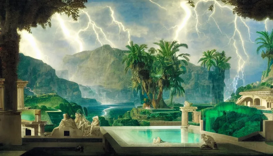 Image similar to Inside the giant Palace, mediterranean balustrade and columns line, refracted sparkles, thunderstorm, greek pool, beach and Tropical vegetation on the background major arcana sky and occult symbols, by paul delaroche, hyperrealistic 4k uhd, award-winning, very detailed paradise