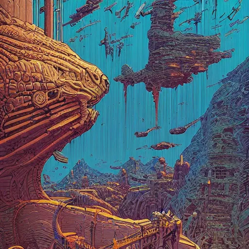 Prompt: an epic horrifying fantastic hyperdetailed matte painting beautiful retro sci fi landscape, by moebius by geoff darrow by dan mumford