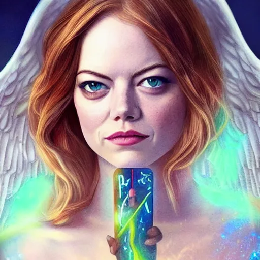 Image similar to beautiful Emma Stone holding a sword with both hands, three quarters pose in a lake, body covered religious tattoos glowing, white iridescent angel wings opened, D&D, fantasy, highly detailed, digital art, trending on artstation, smooth, sharp focus, illustration, art by Artgerm