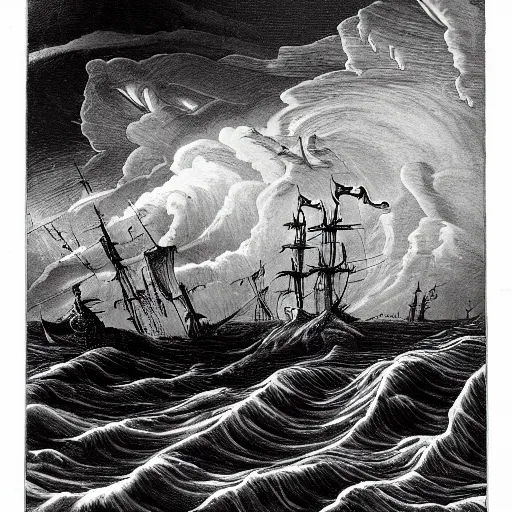 Image similar to a highly detailed scene of a ship being attacked by giant squid tentacles, dark, voluminous clouds, thunder, stormy seas, pirate ship, dark, high contrast