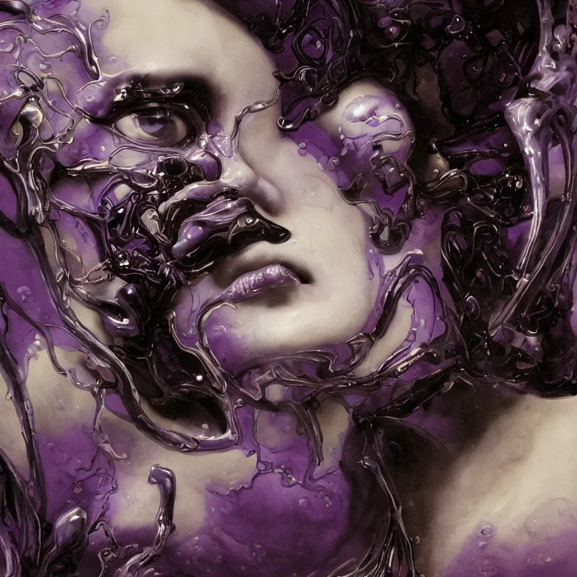 Prompt: a dark baroque close - up portrait of a vivid purple and white porcelain being made out of white liquid sci - fi vitrified translucent ceramic marble ; china. reflective detailed textures. gloomy black background. highly detailed fantasy science fiction painting by moebius, norman rockwell, frank frazetta, and syd mead. rich colors, high contrast. artstation