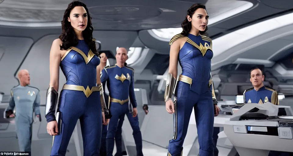 Image similar to Gal Gadot, in full starfleet uniform, is the captain of the starship Enterprise in the new Star Trek movie