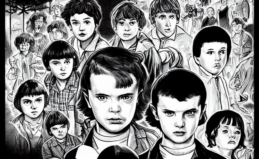 Prompt: ''Stranger Things drawning in style of manga, black and white, high quality, japanese, sketch''