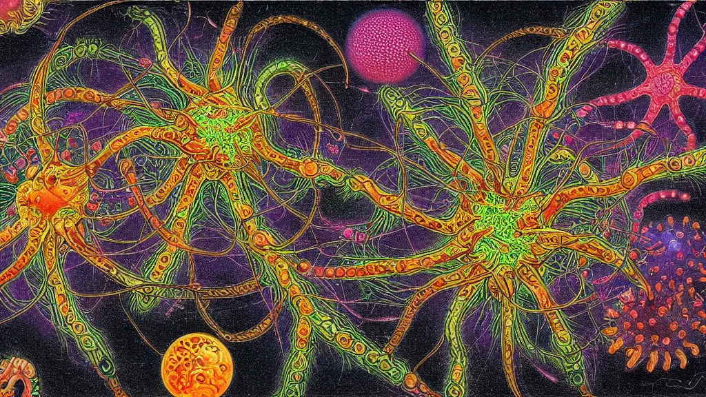 Image similar to quantum connections represented as symbiotic organisms like cells playing around with colorful lights by ernst haeckel, squishy