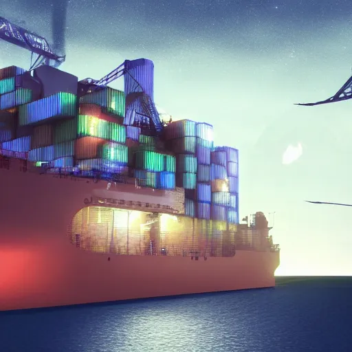 Prompt: Immense industrial futuristic cargo ship arrives at cyber punk city sea port, cinematic lighting, night photo