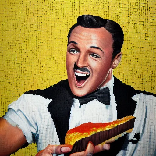 Prompt: beautiful lifelike painting of retro snes game starring gene kelly demanding a refund on undercooked overpriced dinosaur steak in downtown dive bar bistro, hyperreal detailed facial features and uv lighting, retro bitmap pixel art painting