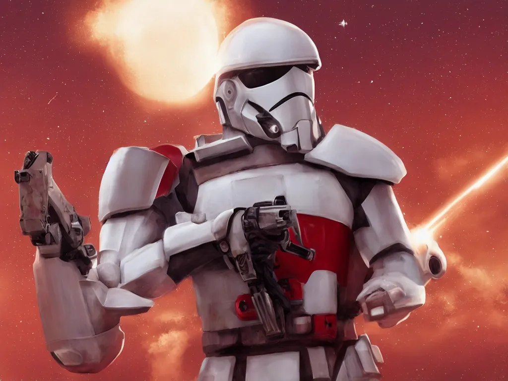 Prompt: gigachad space trooper in glossy sleek white armor with small red details, no helmet, long red cape, heroic posture, firing laser rifle, on the surface of mars, explosions in the background, night time, dramatic lighting, cinematic, sci-fi, hyperrealistic, movie still