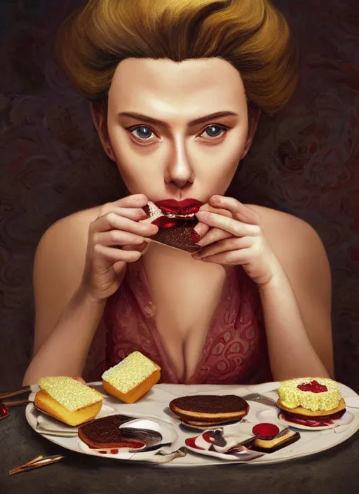 Prompt: closeup portrait of tin toy scarlett johansson eating cakes, depth of field, zeiss lens, detailed, symmetrical, centered, fashion photoshoot, by nicoletta ceccoli, mark ryden, lostfish, earl nore, hyung tae, frank frazetta, breathtaking, 8 k resolution, extremely detailed, beautiful, establishing shot, artistic, hyperrealistic, octane render