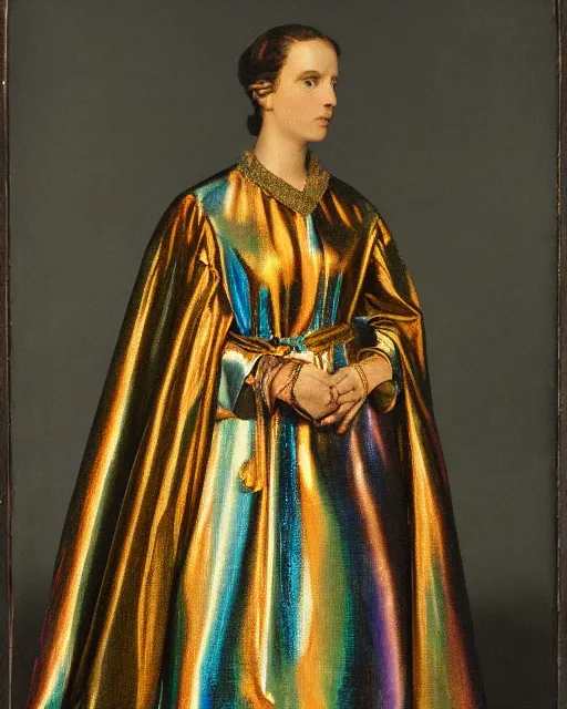 Image similar to a metallic multicolored woman in long robes, professional portrait