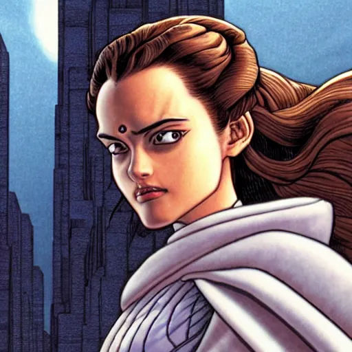 Prompt: Padme Amidala looking into the distance, by Yusuke Murata, highly detailed, establishing shot