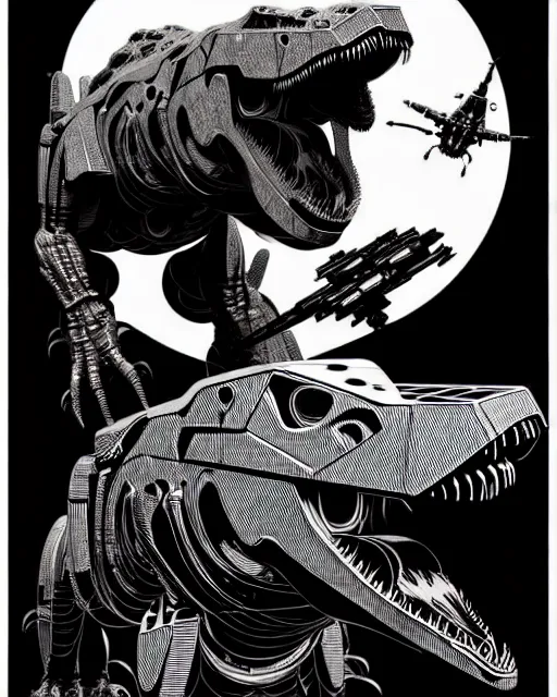 Prompt: a fierce mech cyborg t - rex dinosaur, transformer, high details, symmetry, bold line art, by vincent di fate and joe fenton, inking, etching, screen print, masterpiece, trending on artstation, sharp, high contrast, hyper - detailed,, hd, 4 k, 8 k