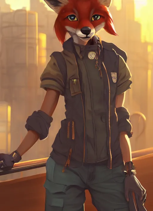 Prompt: commission of a beautiful portrait of a female anthro fox fursona wearing mechanic clothes in a industrial cyberpunk city. character design by Kinoshita Jiroh, Hyaku. Detailed, soft lighting, rendered in octane