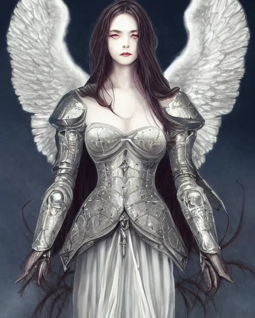 Image similar to an infinitely detailed portrait of a frail and pale female peace angel elegantly. fully - clothed full - body, beautiful! scenery art!! coherent! by wlop & murata range, victorian armor trim, cold color palette, artstation / pixiv!! elegantly armored angel portrait full - body, dreamy art