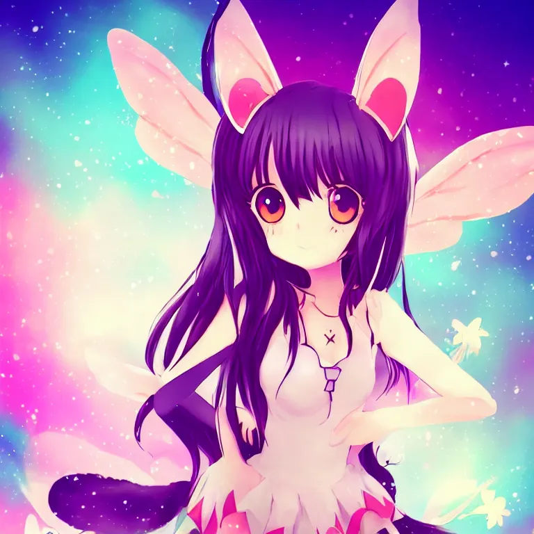 Image similar to cute, full body, female, anime style, a cat girl with fairy wings, large eyes, beautiful lighting, sharp focus, simple background, creative, heart effects, filters applied, illustration