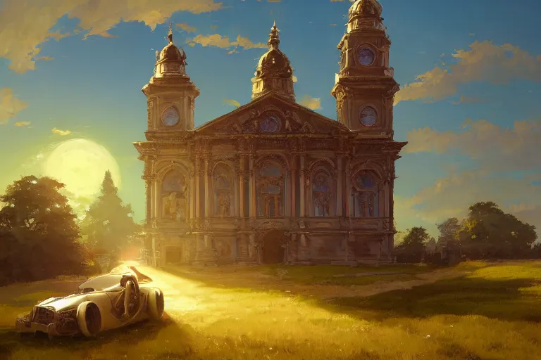 Image similar to a driving ornate baroque church on chainwheels, scene in an open field. key visual, conceptart, ambient lighting, highly detailed, digital painting, artstation, concept art, sharp focus, by makoto shinkai and akihiko yoshida and greg manchess