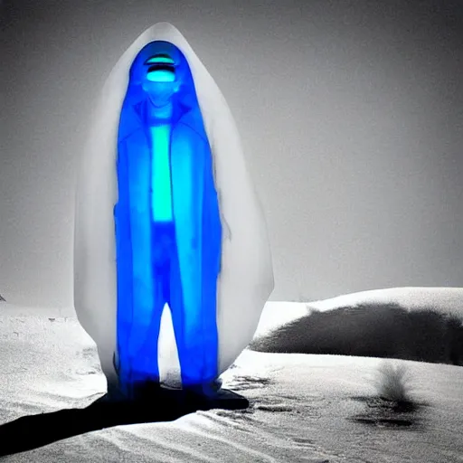 Prompt: Contamporery art photography Invisible man wearing Blue hat and futuristic inuit glass by Hiromasa Ogura in style of Ghost in the Shell, the golden ratio, infrared ambient light