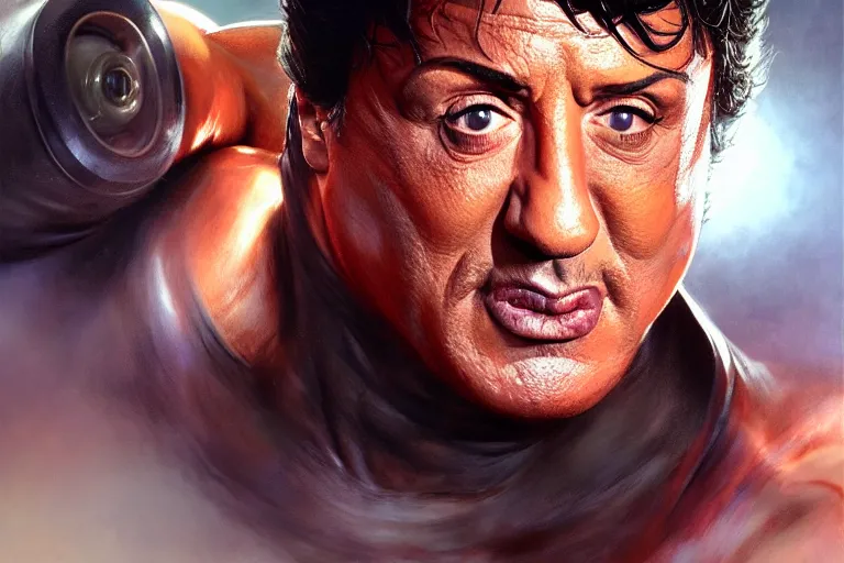 Prompt: a calzone sylvester stallone, hyper detailed, digital art, artstation, cinematic lighting, studio quality, smooth render, by artgerm, greg rutkowski, boris vallejo