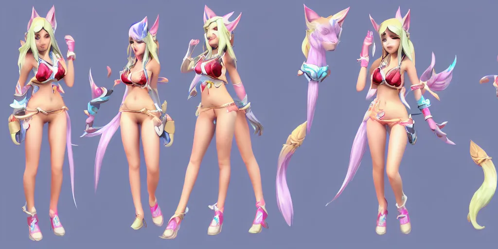 Image similar to Character sheet of pool party ahri (League of Legends). 3d unreal engine 5 trending on artstation