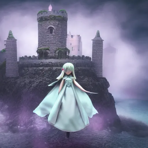 Image similar to cute fumo plush of a princess girl in a tower on a tiny island which she lays sole claim to, selfish empress of the abyss, tempestuous waters, wisps of volumetric smoke and fog, gothic maiden in tattered white dress, vignette, vray